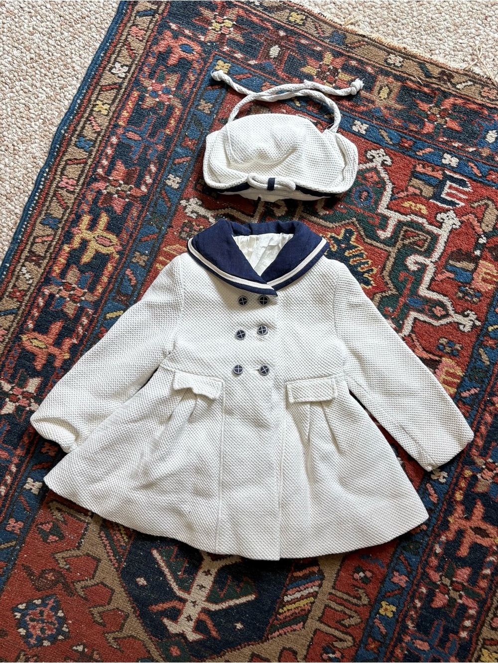 Vintage Sailor-Style Kids jacket hat Matching Set in Cream with Navy Trim